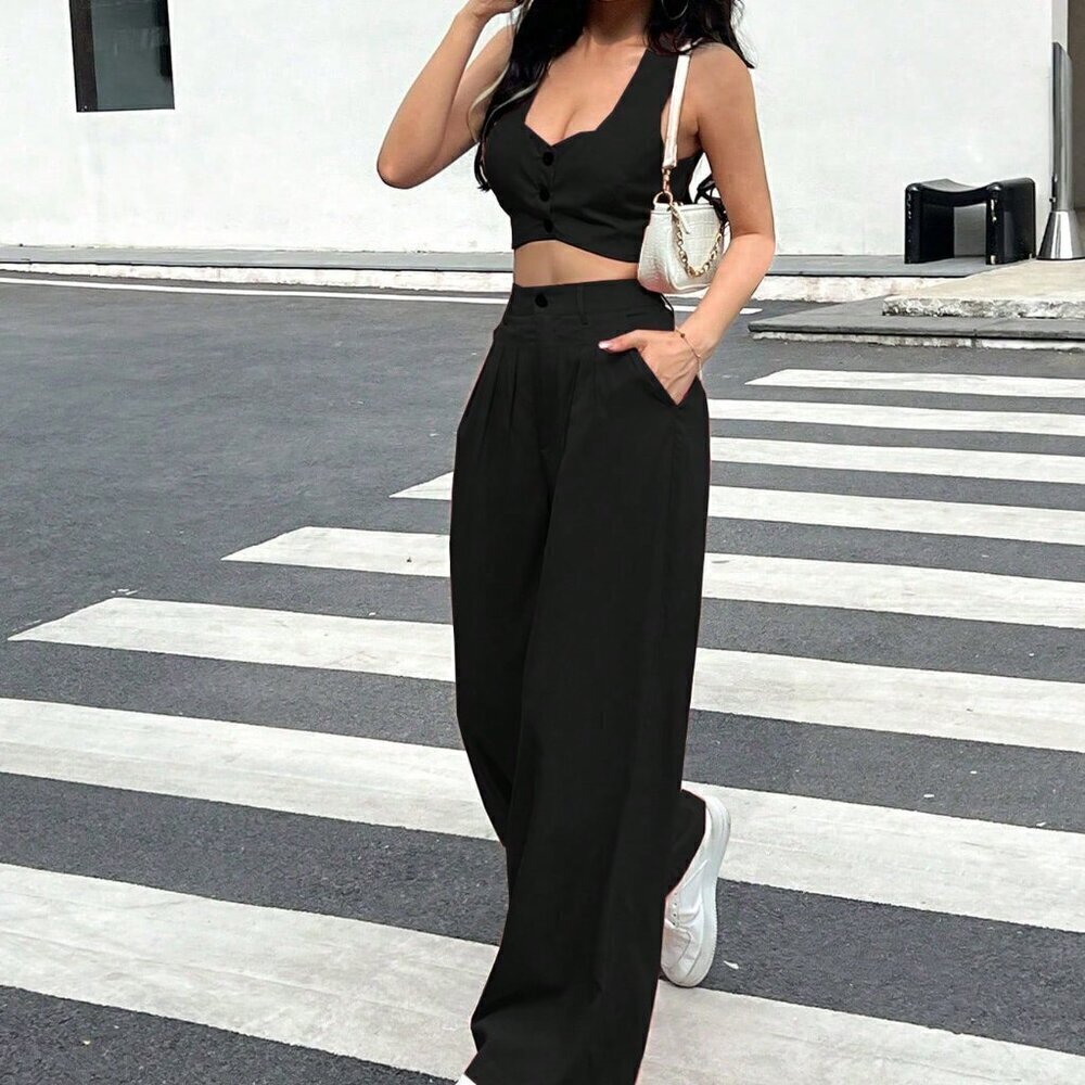 Black Casual Women's Asymmetric Hem Sweetheart Neck Sleeveless Top & Pants Set